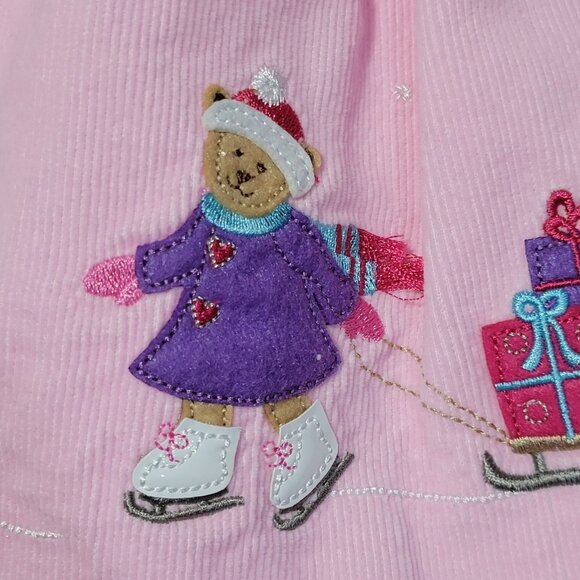 Christmas Jumper Dress Girls Sz 12 mths Pink Corduroy Embroidered Winter Skating - Picture 9 of 13